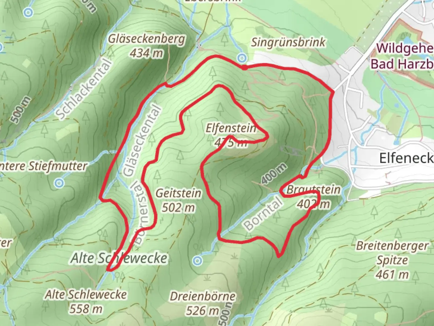 An image depicting the trail Elfenstein Loop via Quarzbruchweg and its surrounding area.