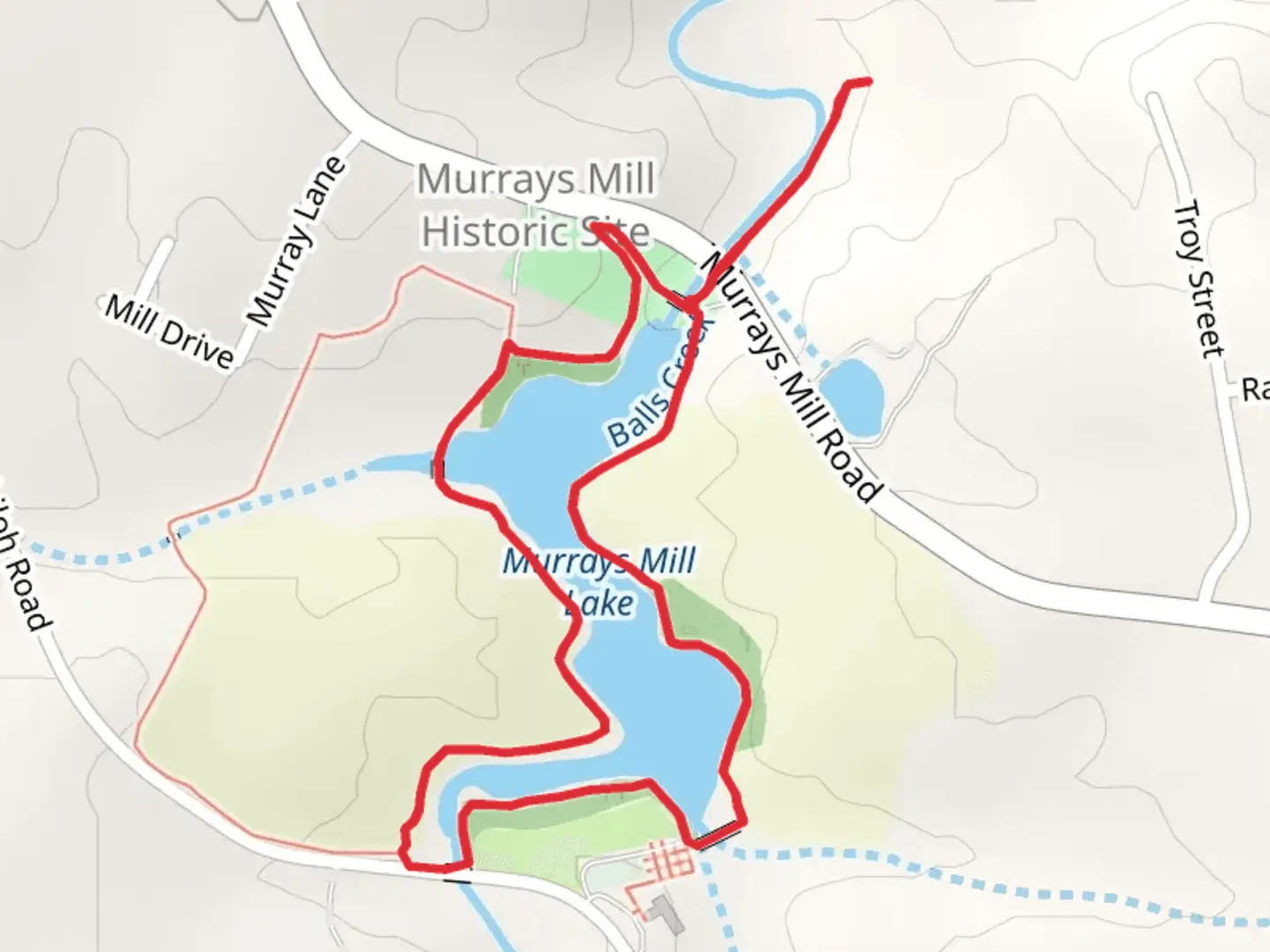 An image depicting the trail Murrays Mill Lake and Murrays Mill Thread Loop Trail and its surrounding area.
