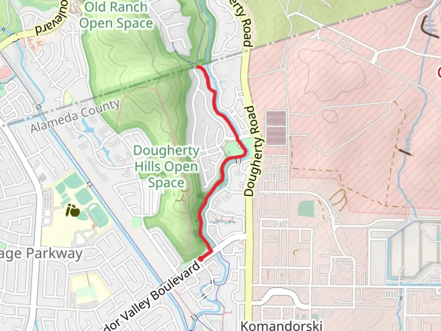 An image depicting the trail Walk along Alamo Creek from Amador Valley Boulevard and its surrounding area.