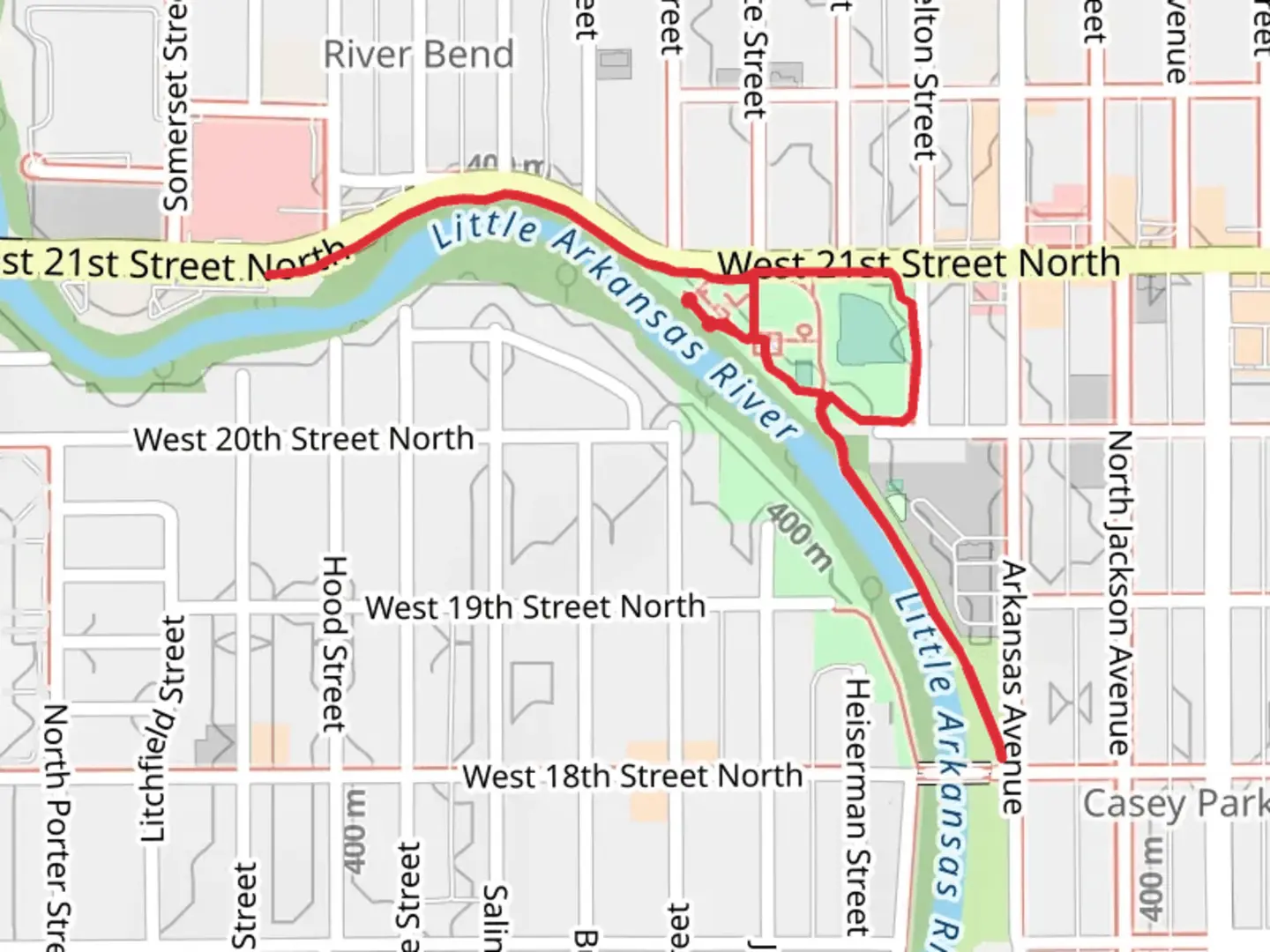 An image depicting the trail Woodland Park North and Little Arkansas River Walk and its surrounding area.