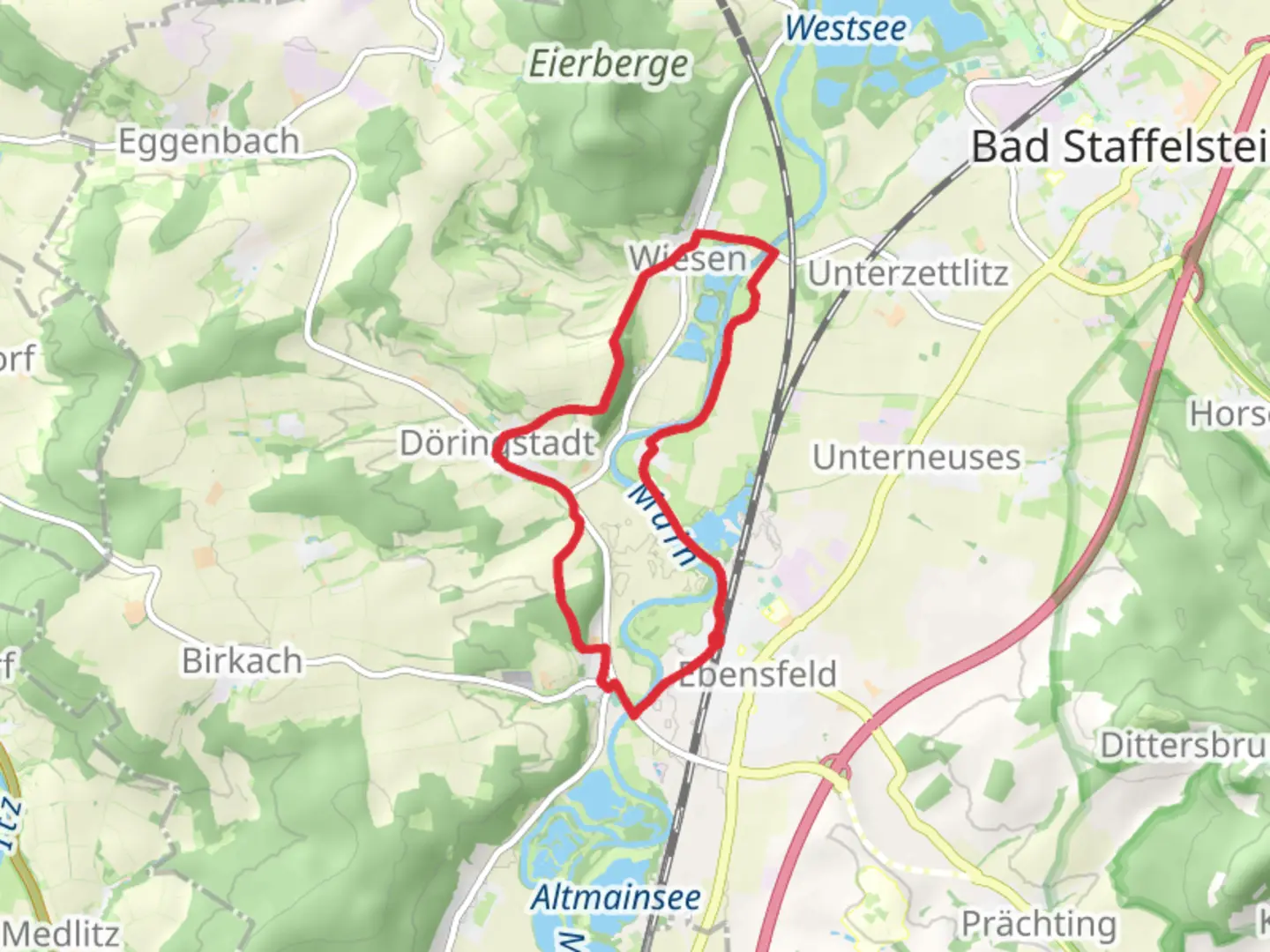 An image depicting the trail Wörthersee via Brauereiweg and Grosse Doeringstaedter Runde and its surrounding area.