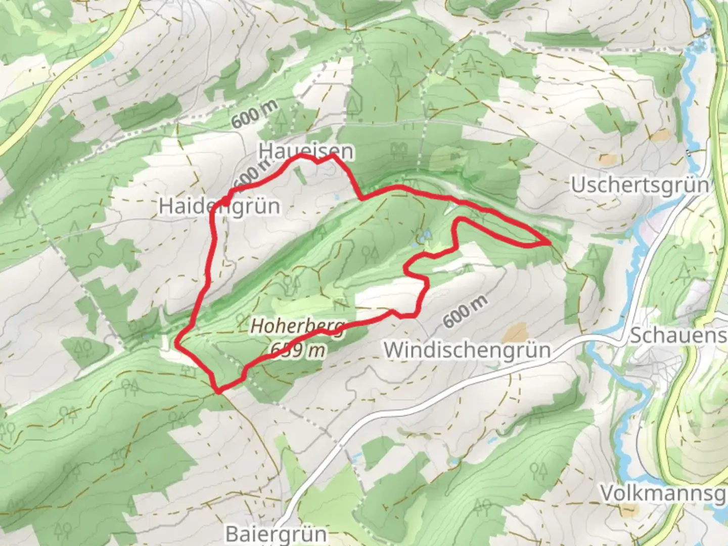 An image depicting the trail Hoherberg via Stockhoehen Weg and its surrounding area.