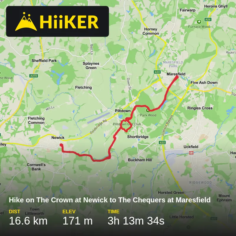 A map preview of the recording Hike on The Crown at Newick to The Chequers at Maresfield.