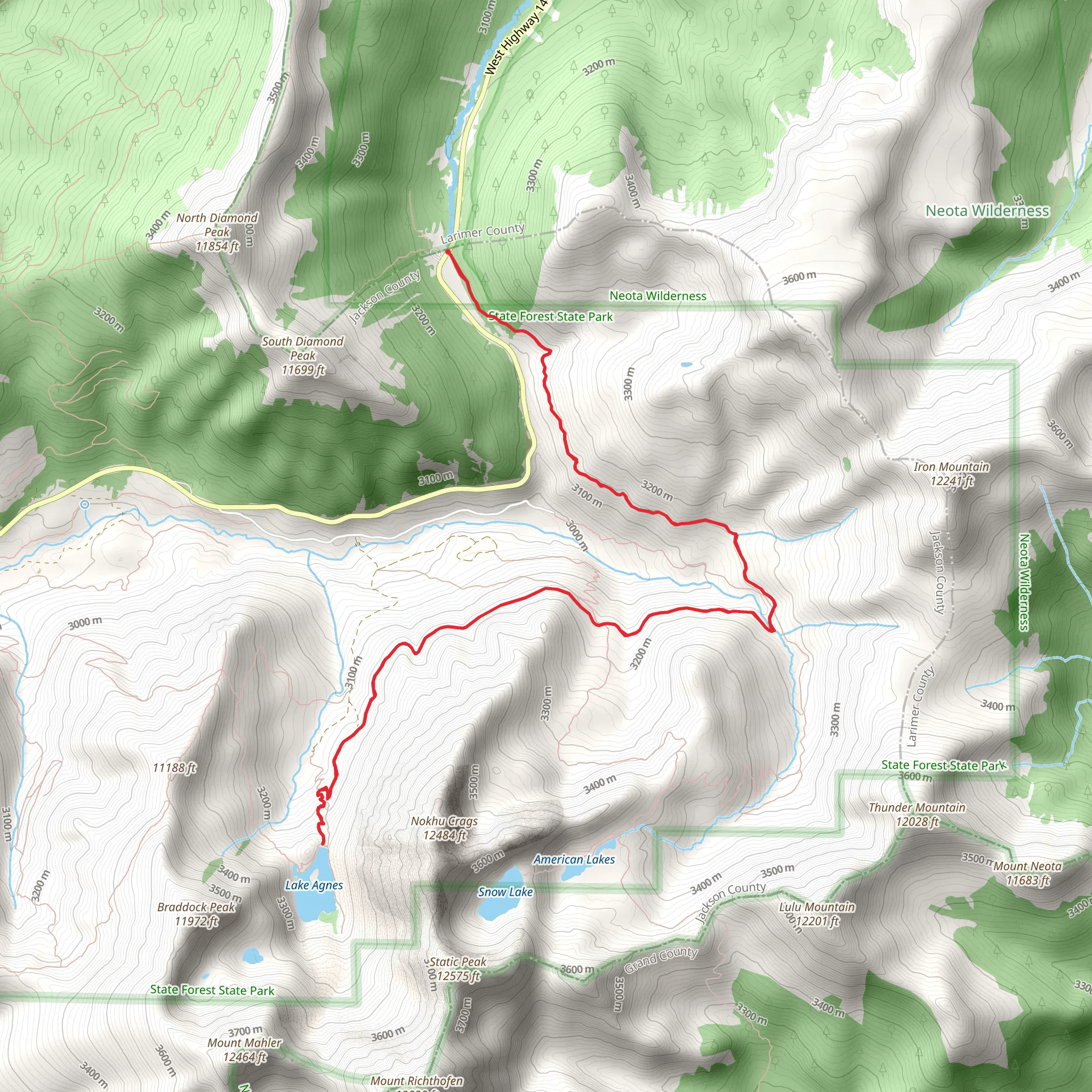 Lake Agnes via Michigan Ditch Trail mobile static map