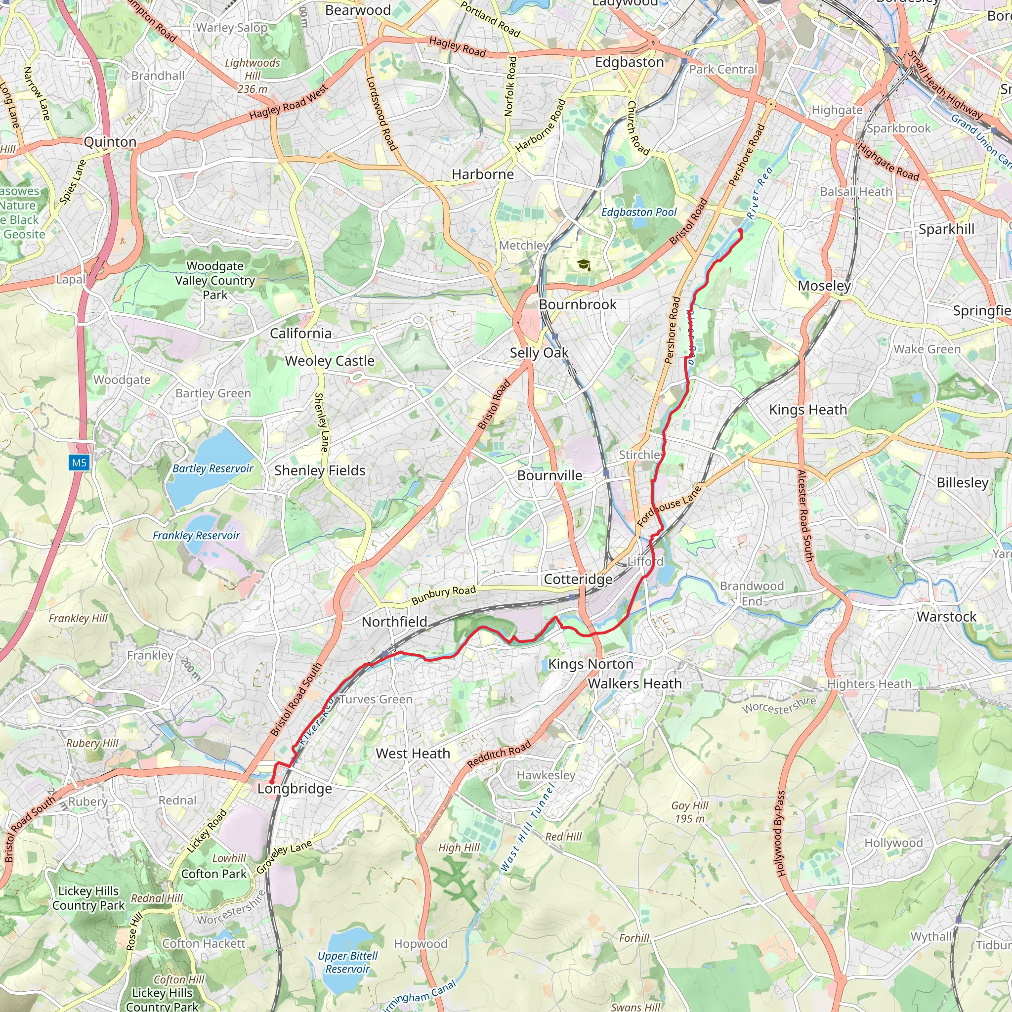 Longbridge to Cannon Hill Park Walk mobile static map