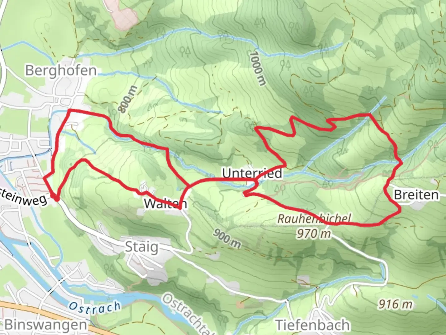 An image depicting the trail Maximilians Weg and Burgstalltobel Weg and its surrounding area.