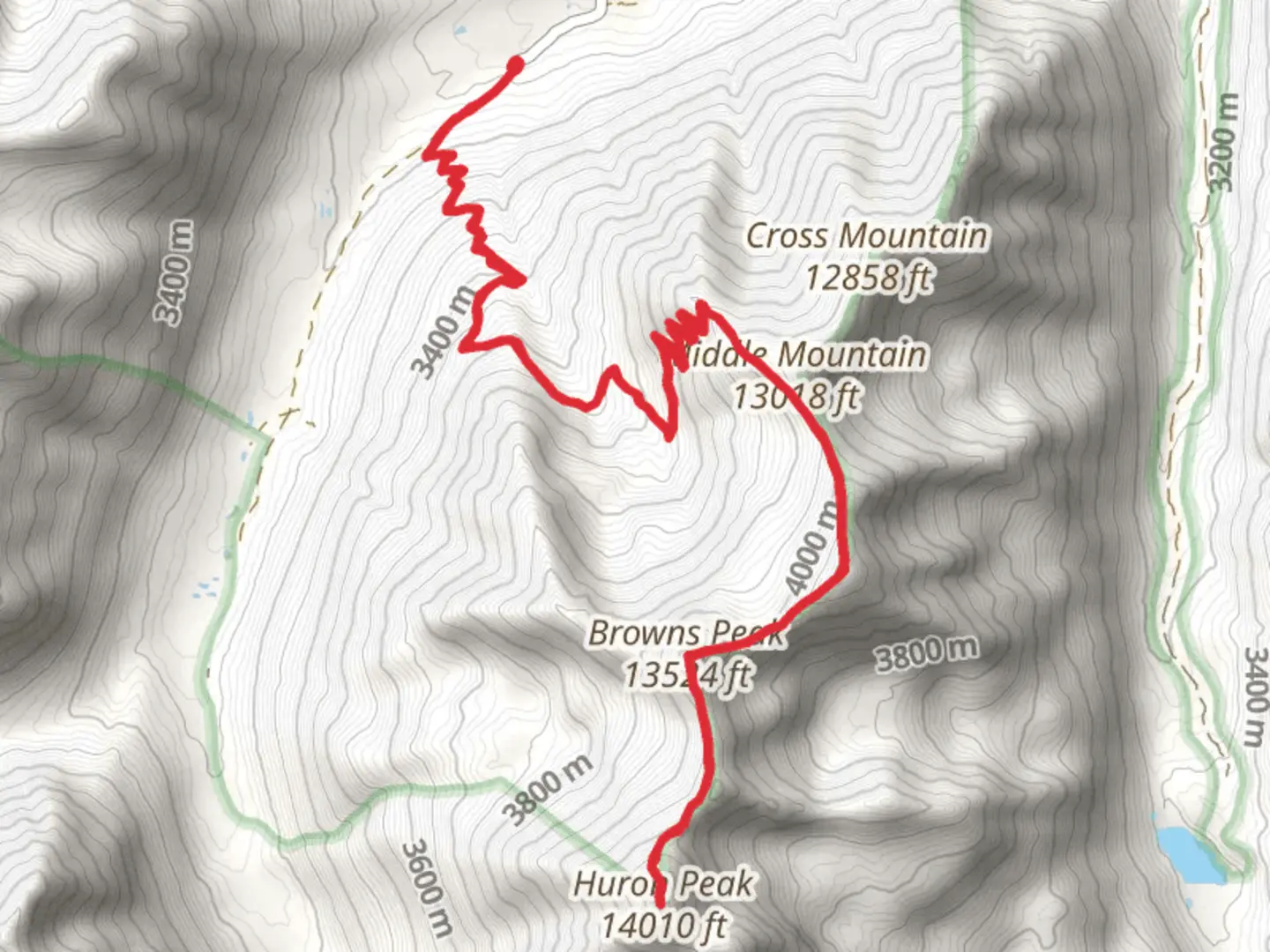 An image depicting the trail Huron Peak and Middle Mountain via ADT and its surrounding area.