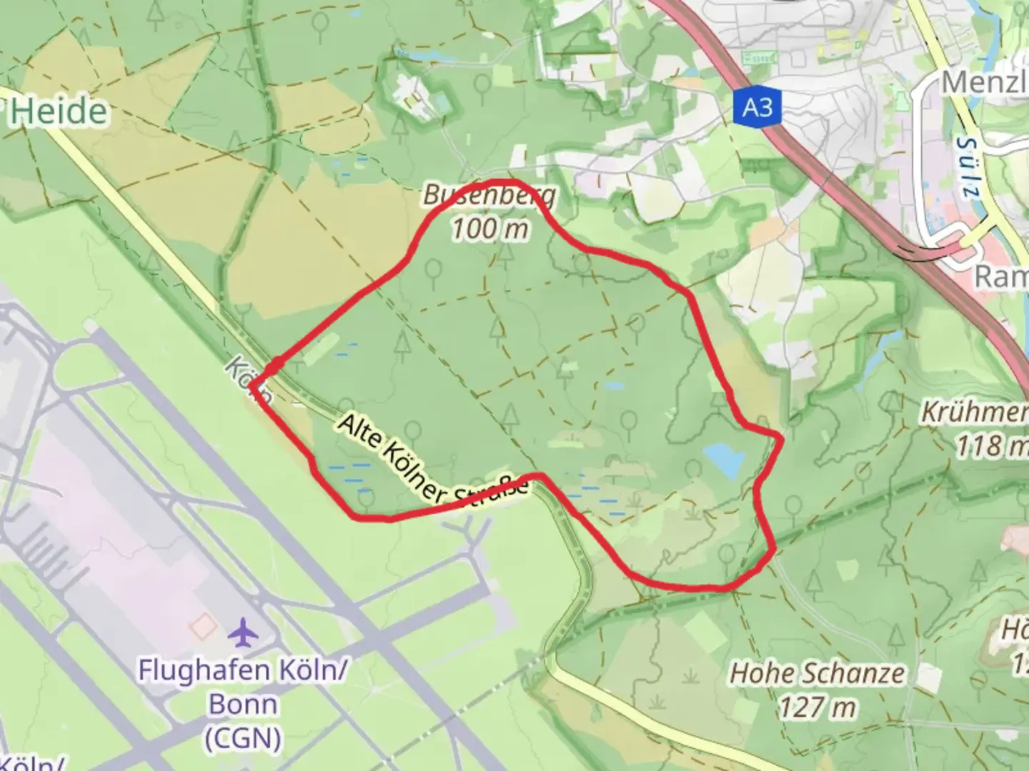 An image depicting the trail Geisterbusch Tour and Herfeld Tour and its surrounding area.