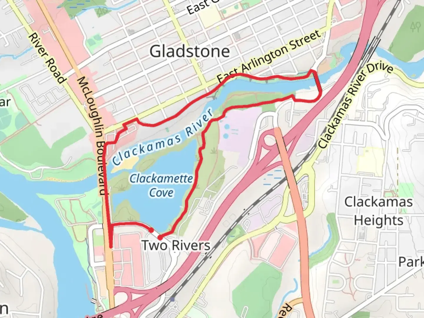 An image depicting the trail Clackamette Cove Loop and its surrounding area.