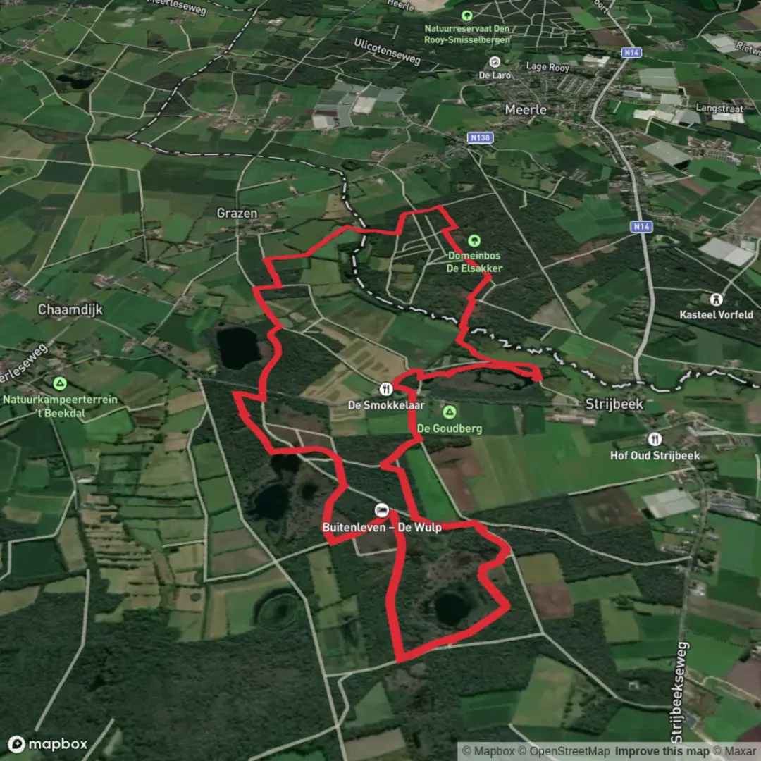 An image depicting the trail De Wulp, Rondven and Petersmoer Loop and its surrounding area.