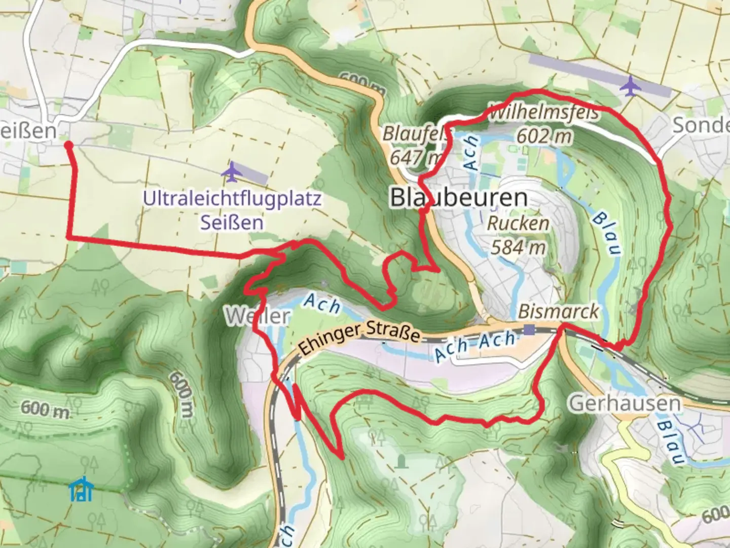 An image depicting the trail Blaubeuren and Hornle Schillerstein Loop and its surrounding area.