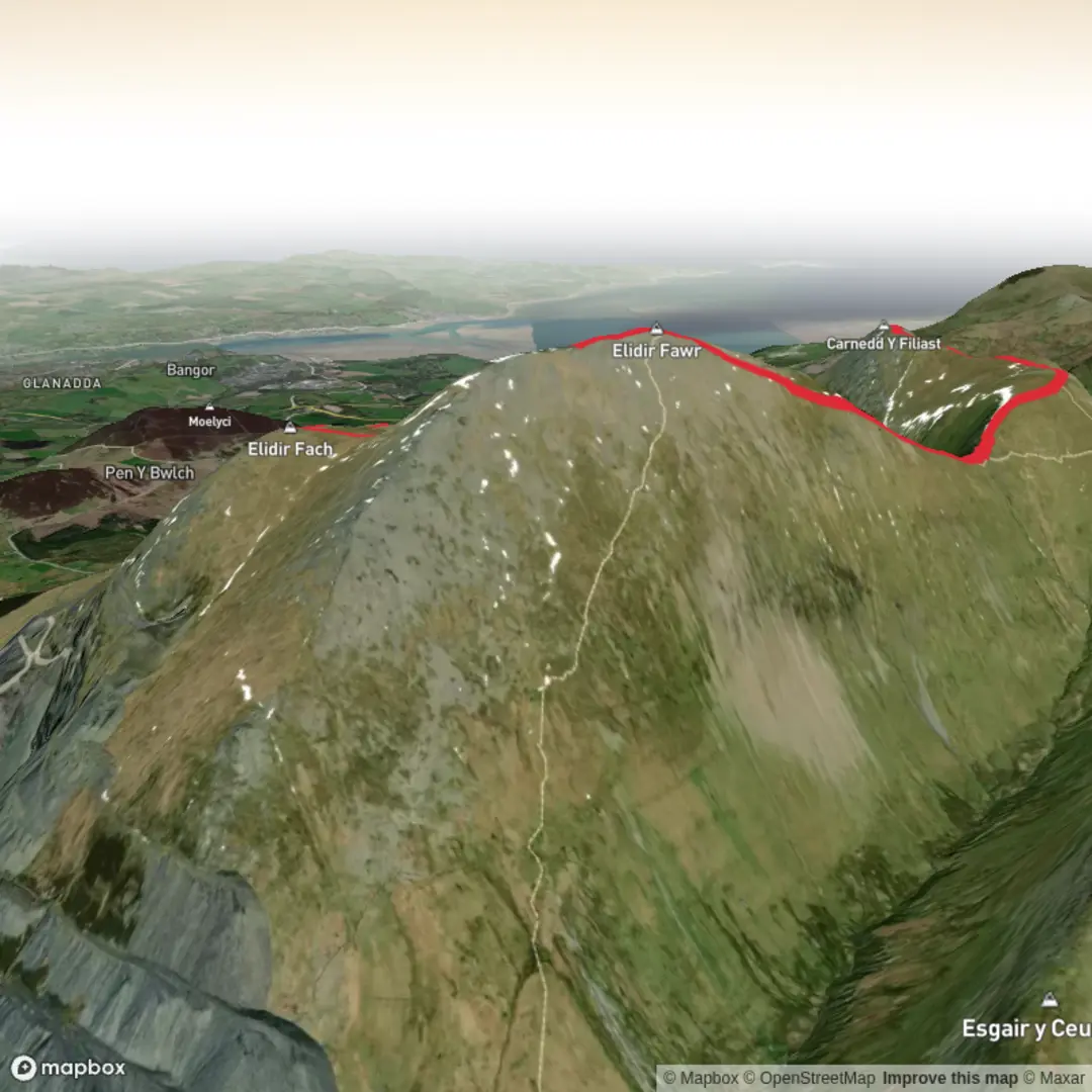An image depicting the trail Carnedd Y Filiast, Mynydd Perfedd, Elidir Fawr & Elidir Fach and its surrounding area.