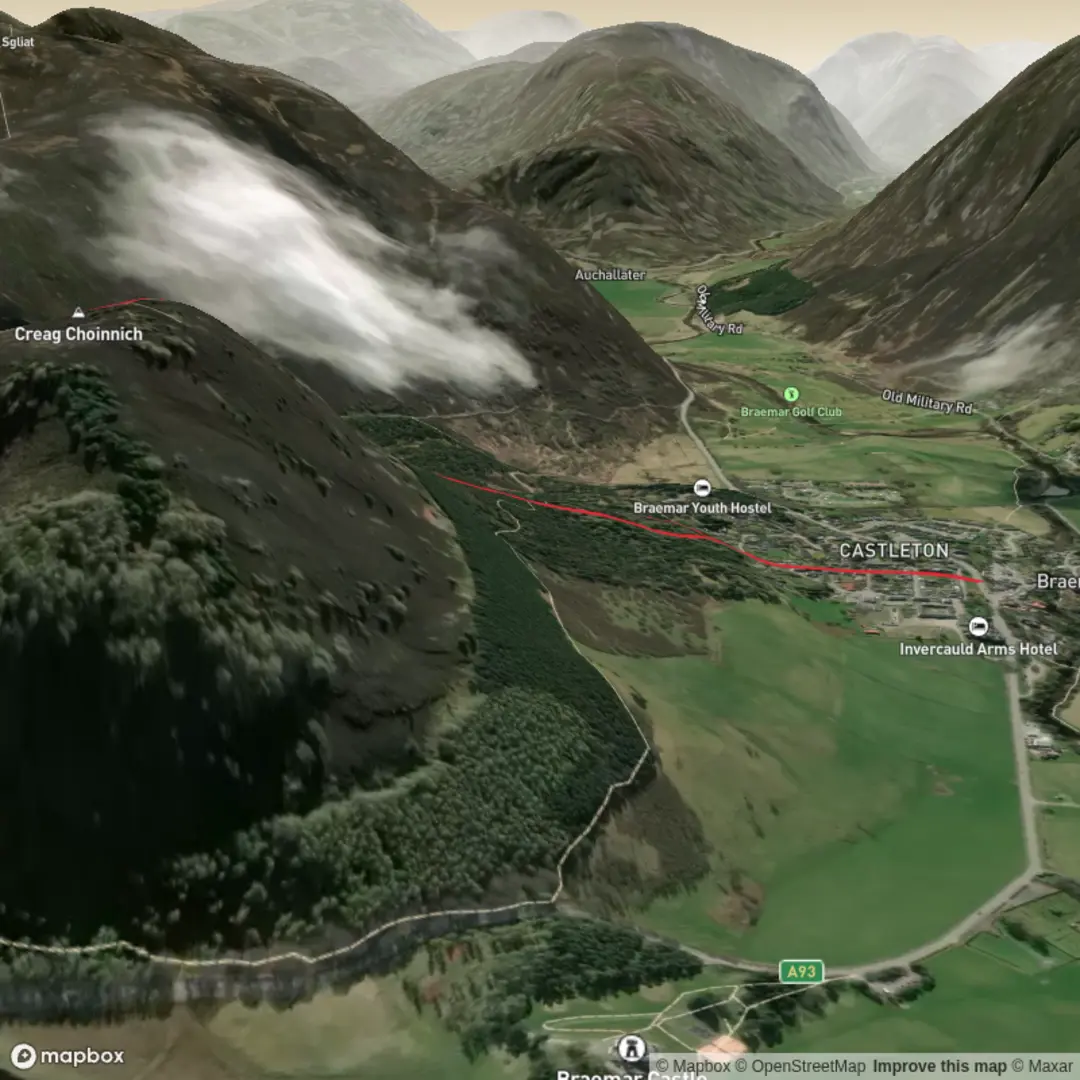 An image depicting the trail Creag Choinnich from Braemar and its surrounding area.