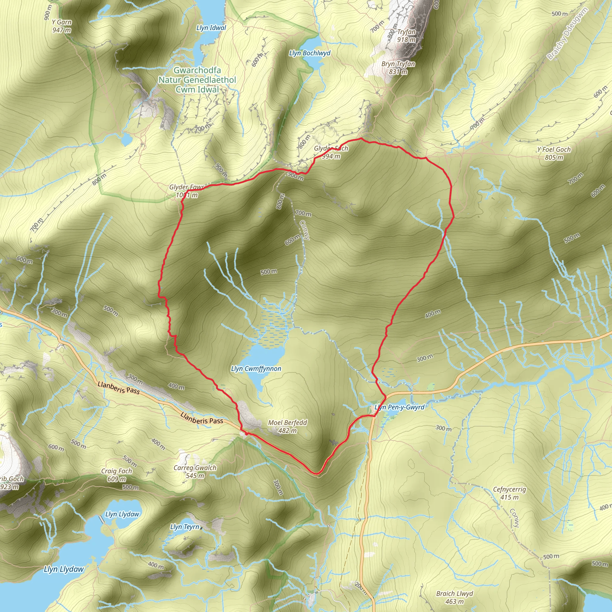 Glyder Fawr and Fach from Pen y Pass mobile static map
