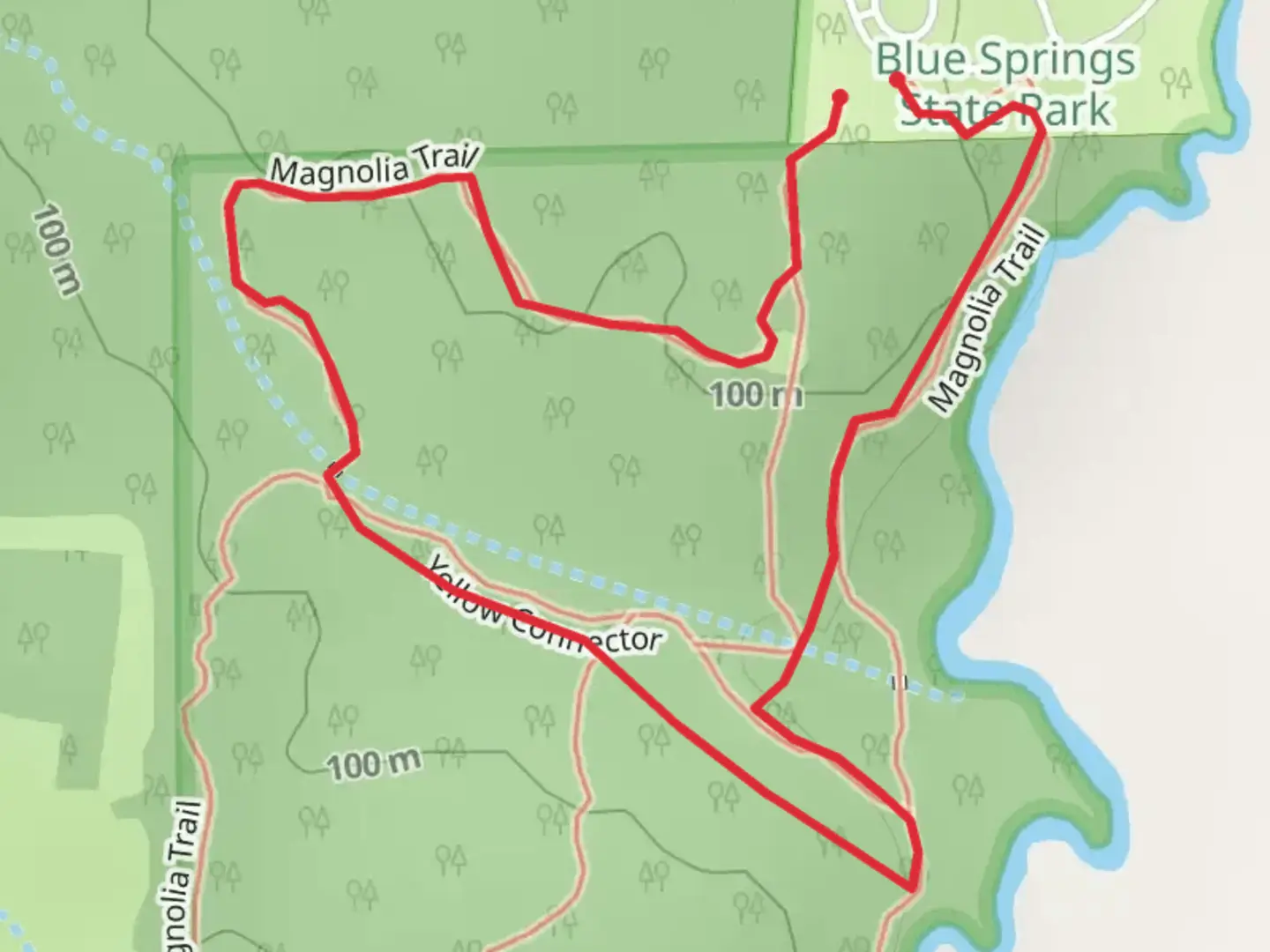 An image depicting the trail Lagnolia Trail and Yeloow Connector Loop and its surrounding area.