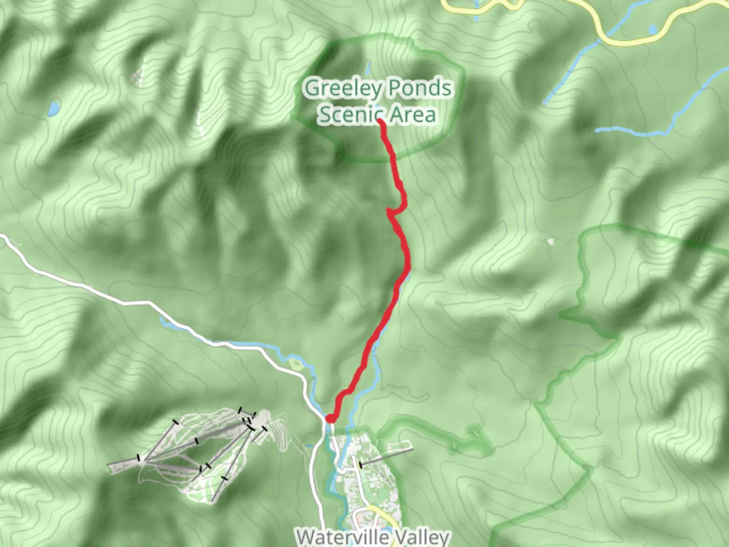 An image depicting the trail Lower Greeley Pond via Greeley Pond Trail and its surrounding area.