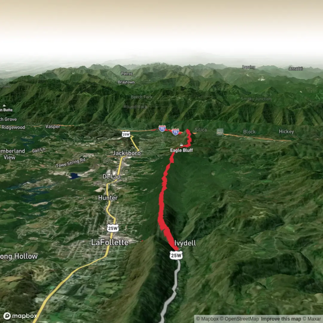 An image depicting the trail LaFollette to Cove Lake State Park via Volunteer Loop, Tank Springs and Eagle Bluff and its surrounding area.