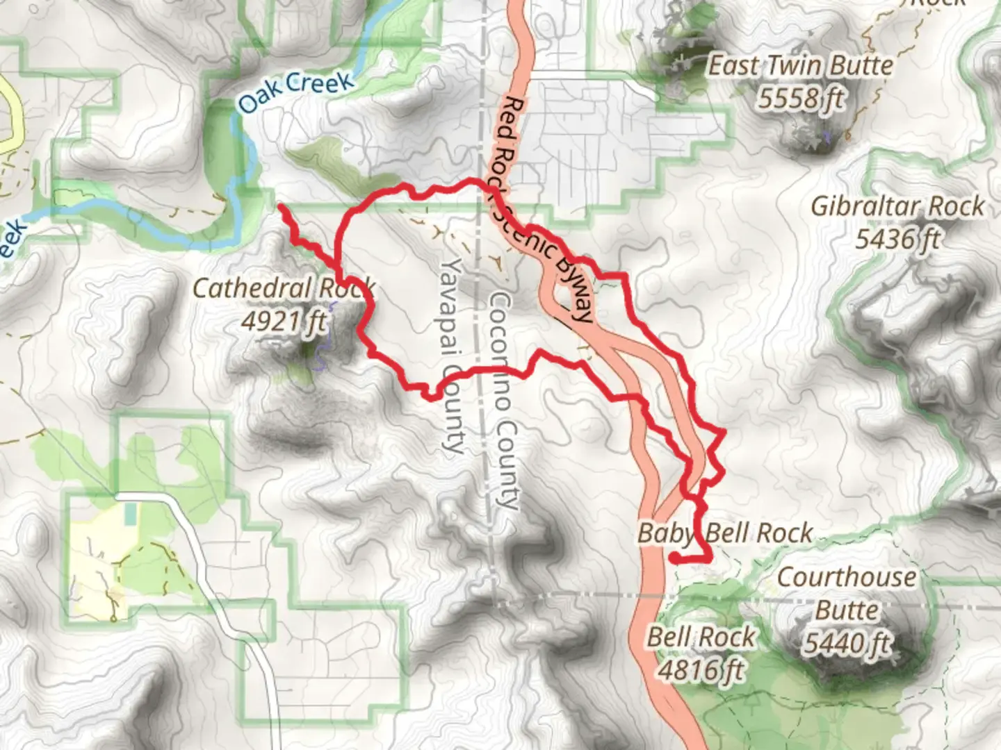 An image depicting the trail Easy Breezy, Templeton and Bell Rock Pathway Loop Trail and its surrounding area.