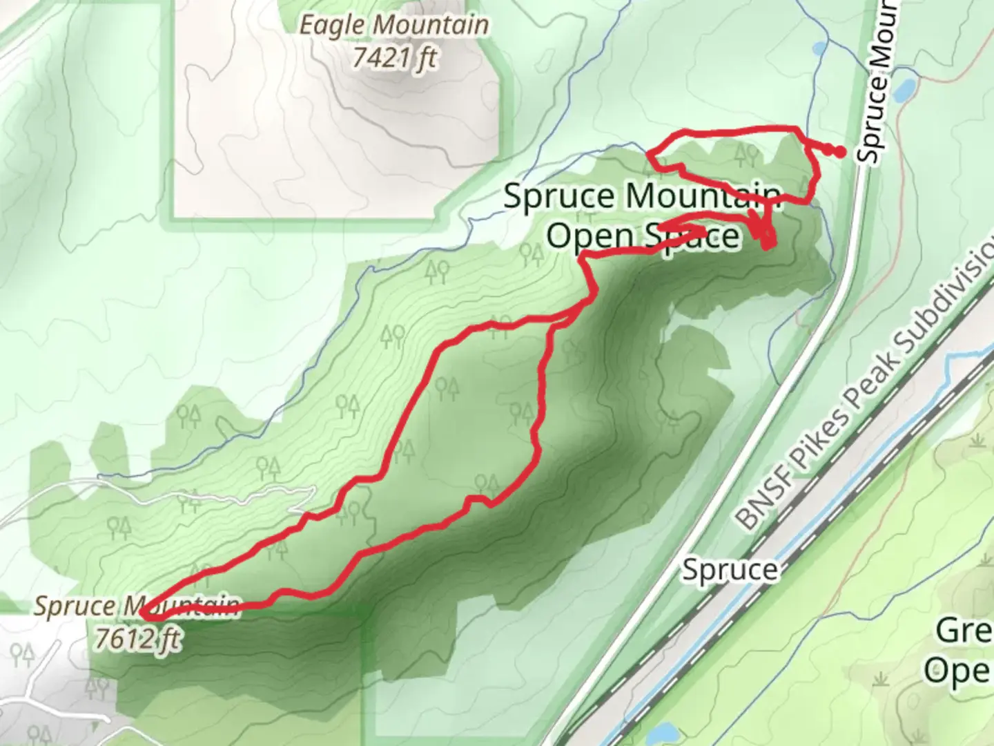An image depicting the trail Eagle Pass and Spruce Mountain Loop Trail and its surrounding area.