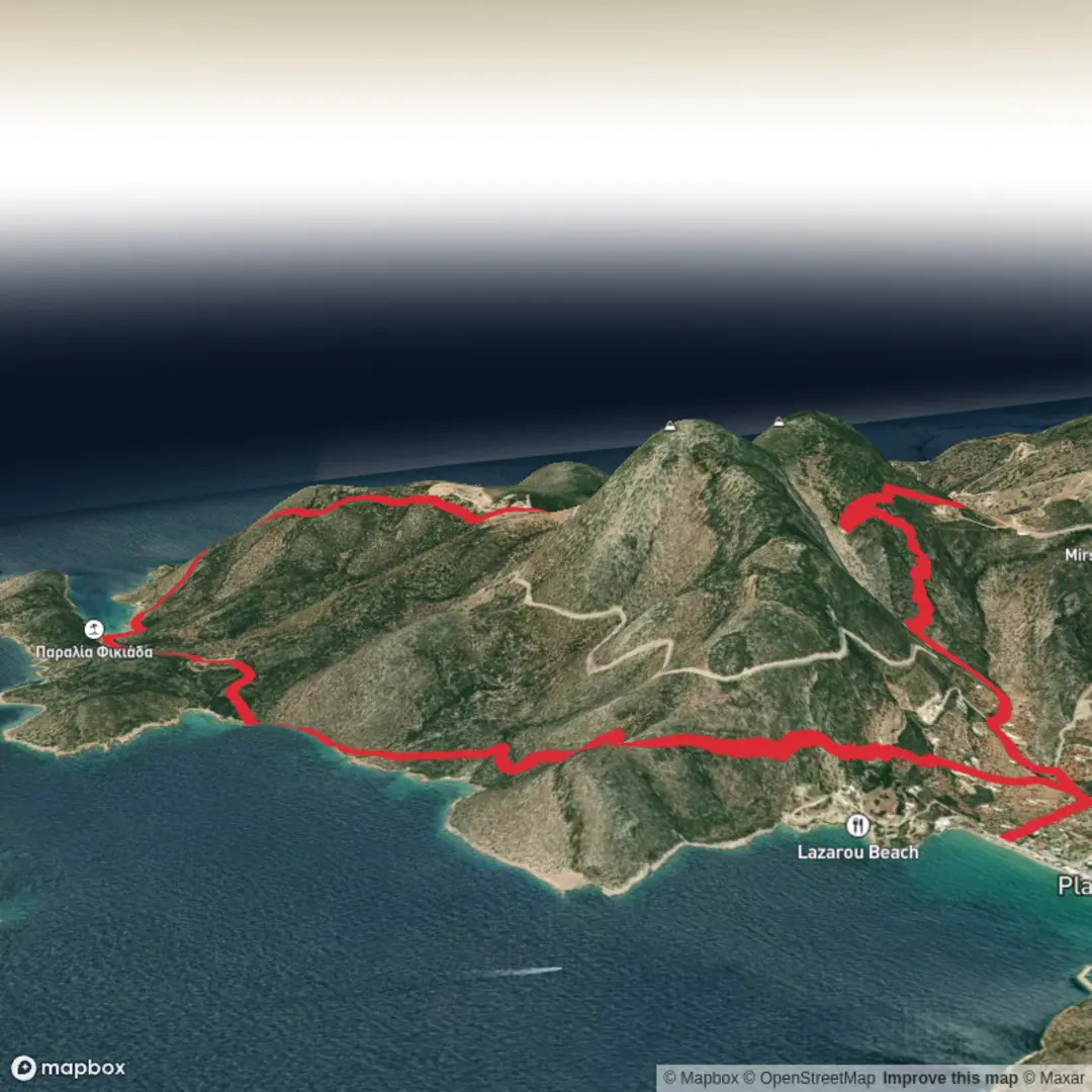 An image depicting the trail Platis Yialos and Fikiada Loop and its surrounding area.