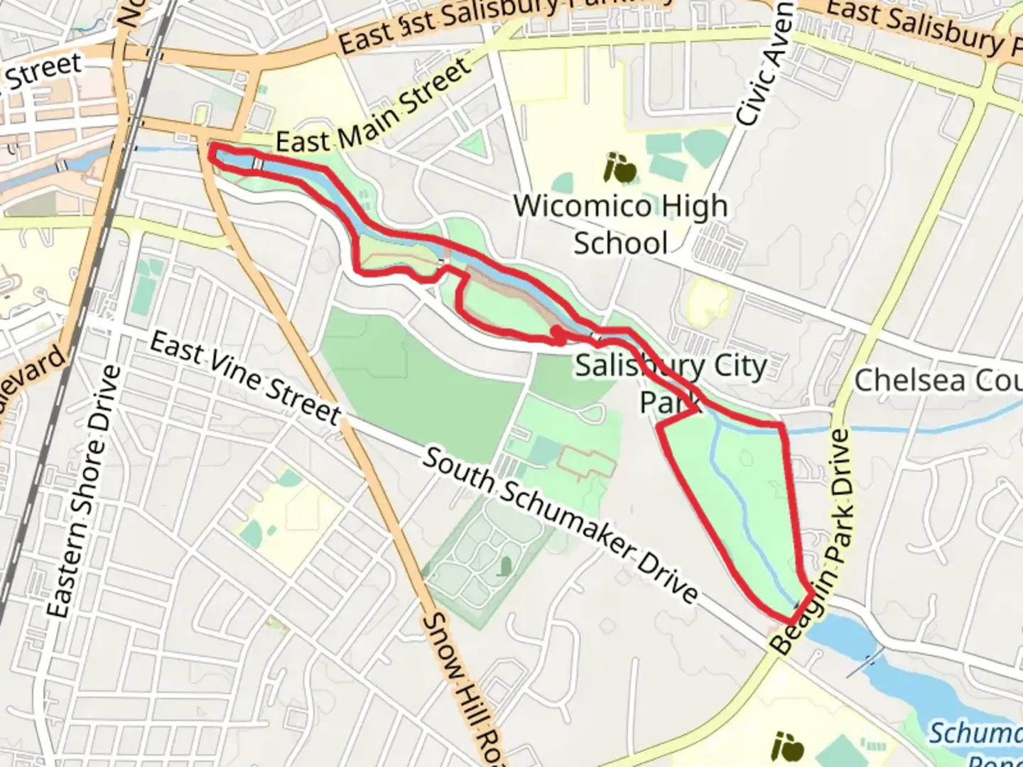 An image depicting the trail Salisbury City Park Loop and its surrounding area.