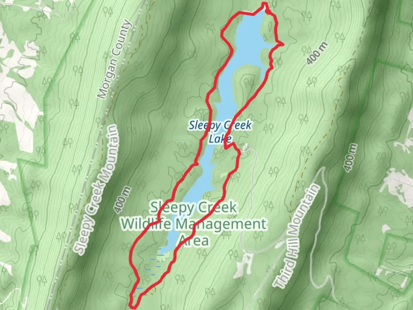 An image depicting the trail Sleepy Creek Lake Loop and its surrounding area.