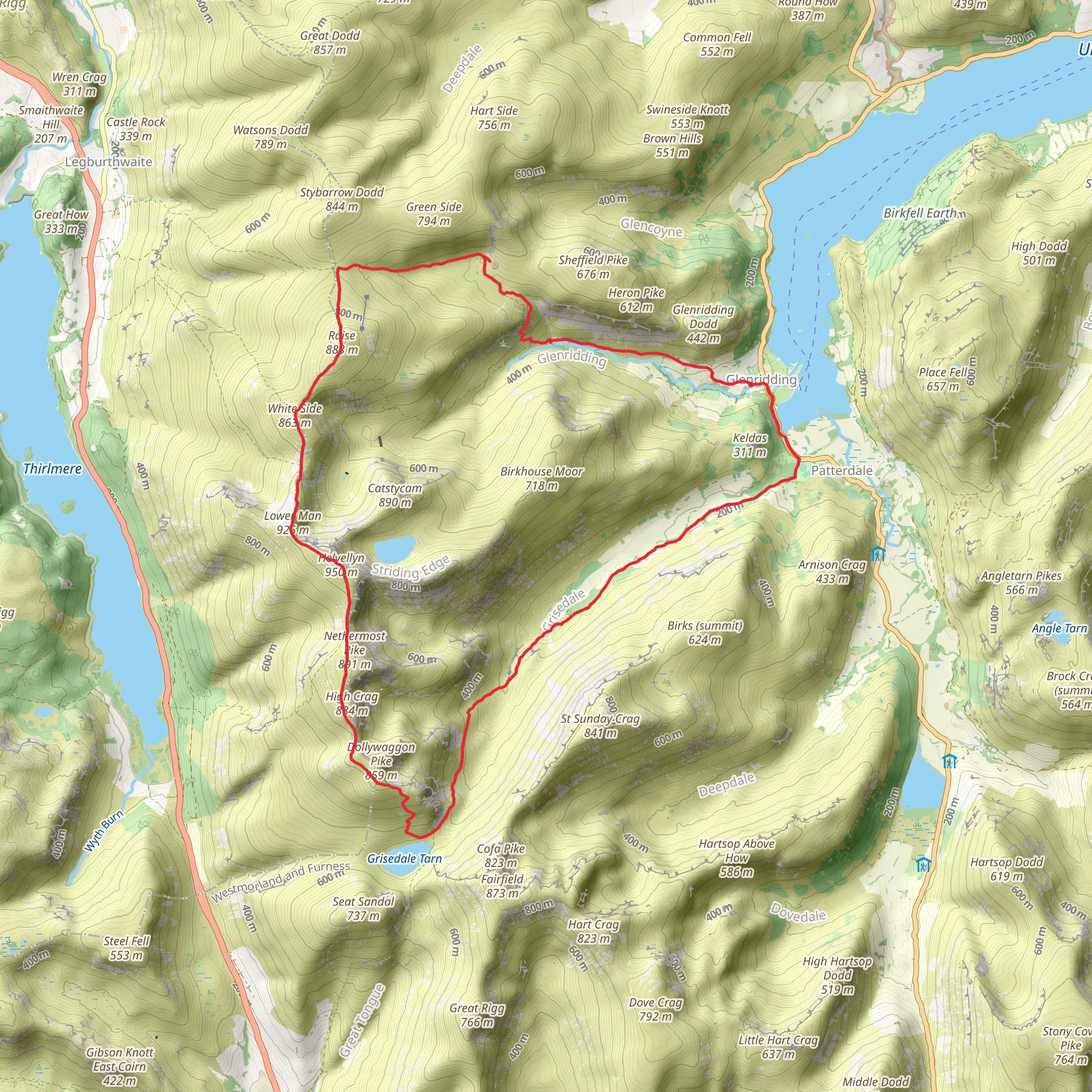 Dollywaggon Pike, Nethermost Pike and Helvellyn Loop - Glenridding mobile static map