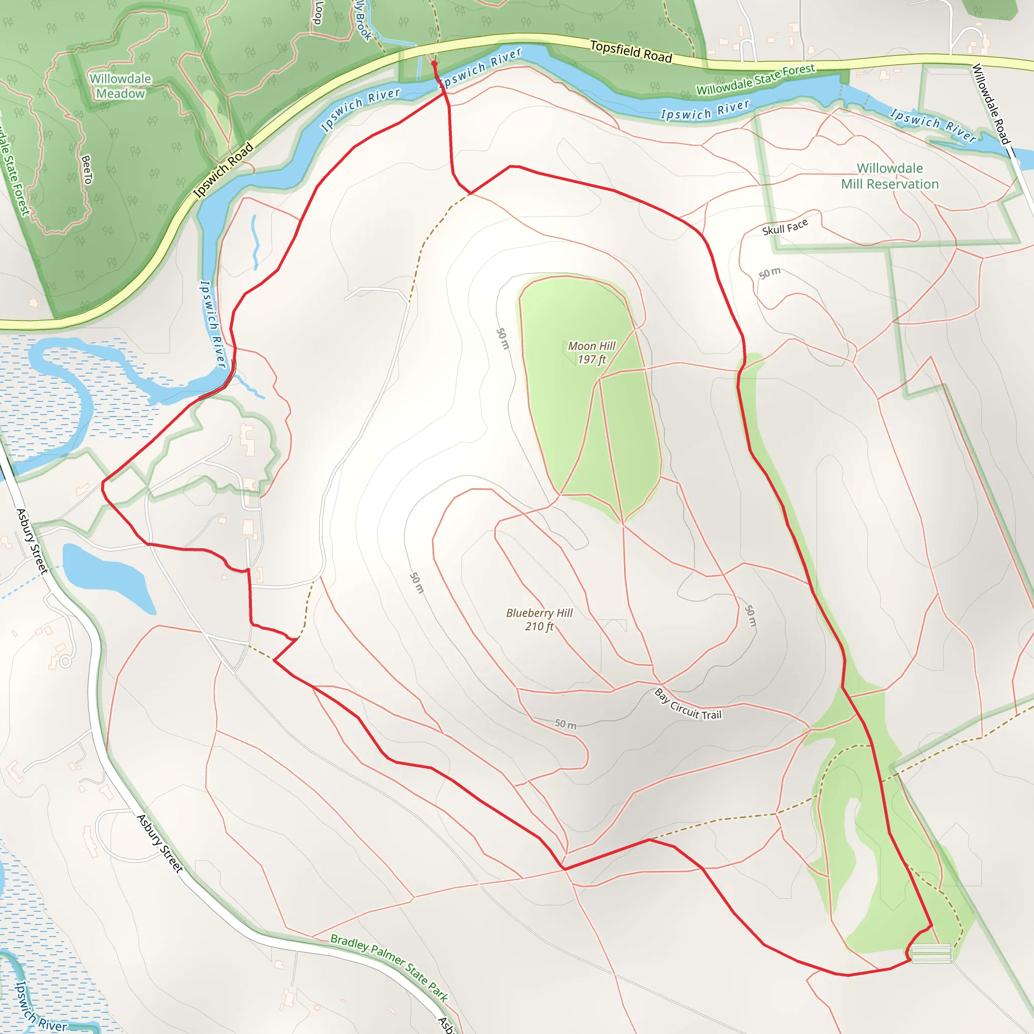 Blurberry Hill and Moon Hill from Ipswich River mobile static map