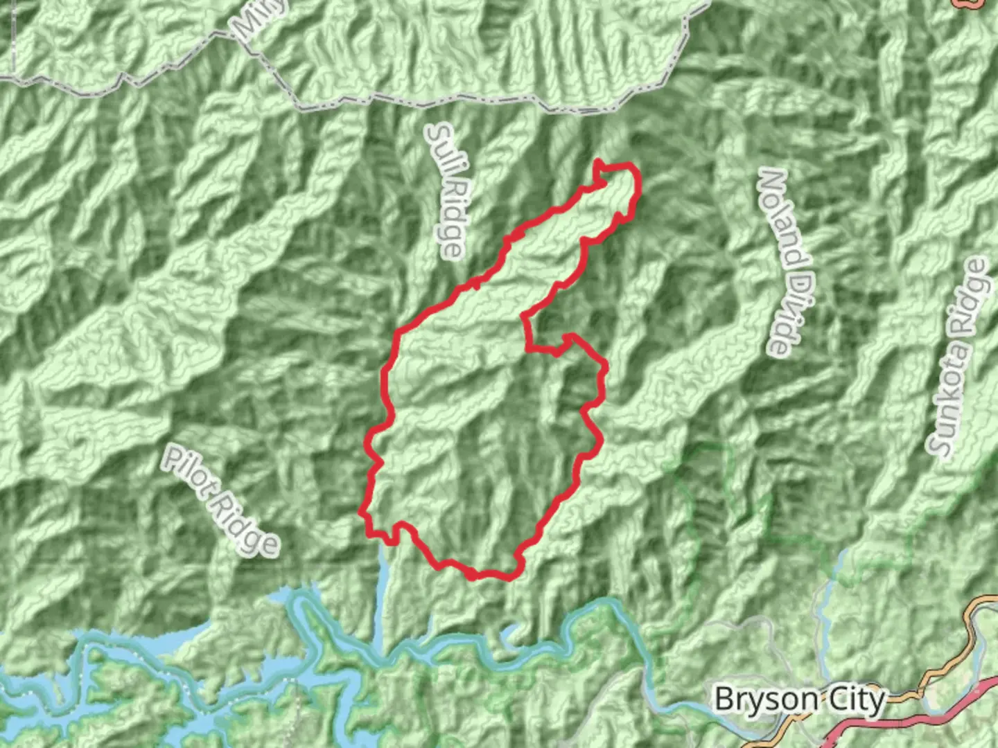 An image depicting the trail Lakeshore, Forney Creek and Andrews Bald Loop Trail and its surrounding area.