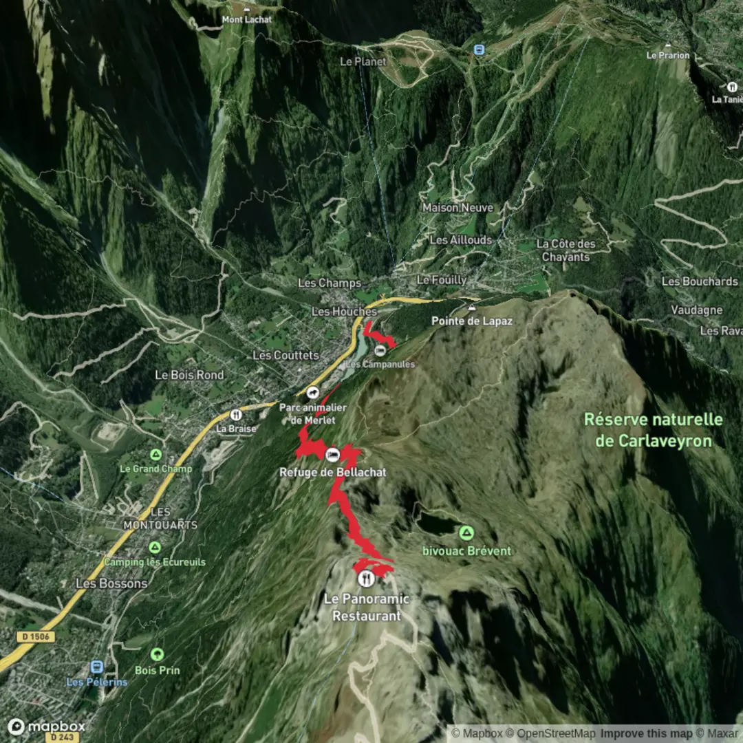 An image depicting the trail Brévent - Les Houches and its surrounding area.