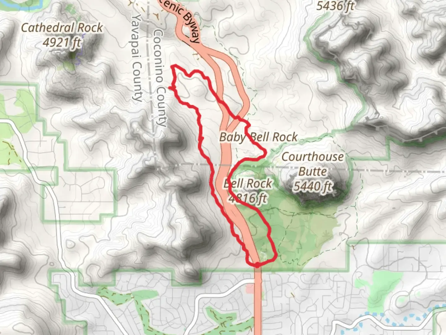 An image depicting the trail Slim Shady, Templeton and Bell Rock Pathway Loop Trail and its surrounding area.