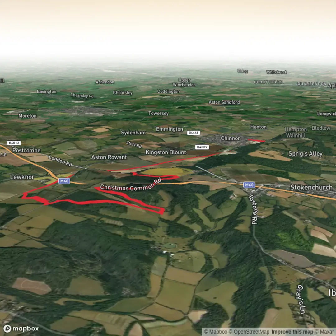 An image depicting the trail Chinnor- Chiltern Hills and High Wycombe and its surrounding area.