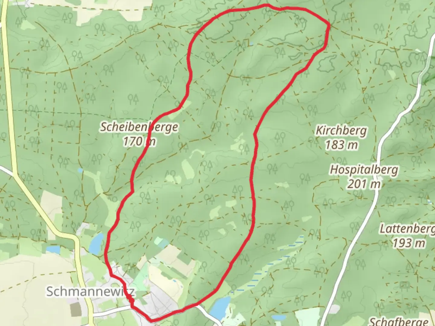 An image depicting the trail Neuer Weg and Schmannewitz Loop and its surrounding area.