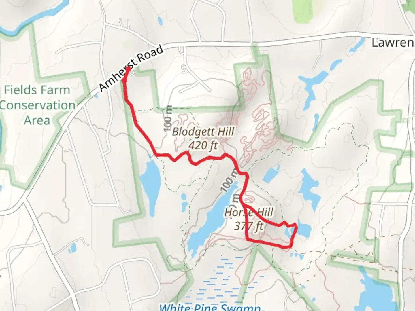 An image depicting the trail Horse Hill Loop via Blodgett Hill and its surrounding area.