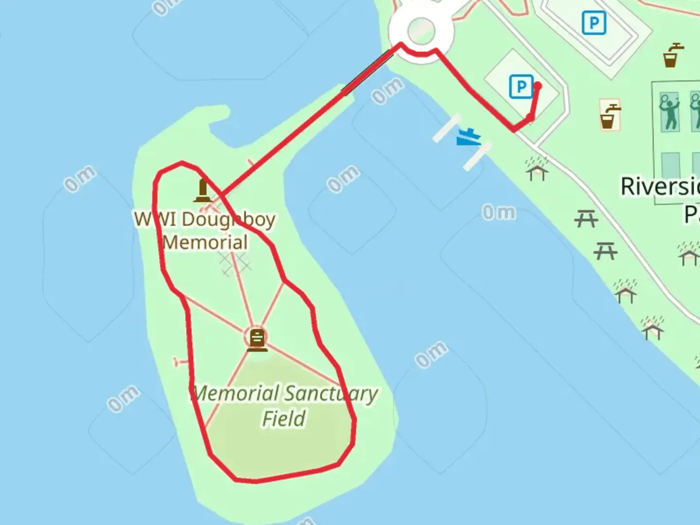 An image depicting the trail Veteran's Memorial Island Sanctuary Loop and its surrounding area.