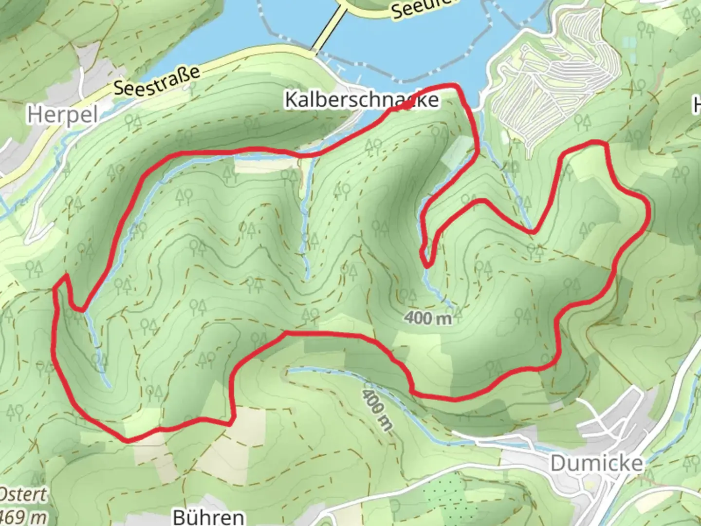 An image depicting the trail Kalberschnacke and Dumicker Gnick Loop via Drolshagen Rundweg and its surrounding area.