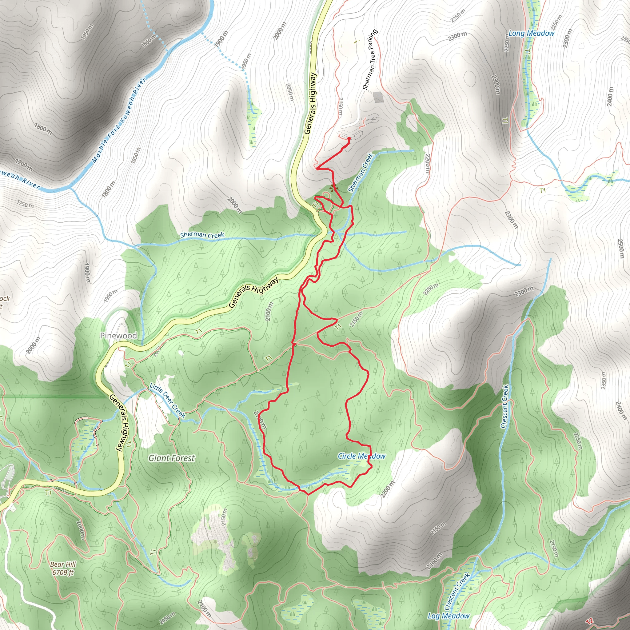 Congress and Circle Meadow Loop via Sherman Tree Trail mobile static map