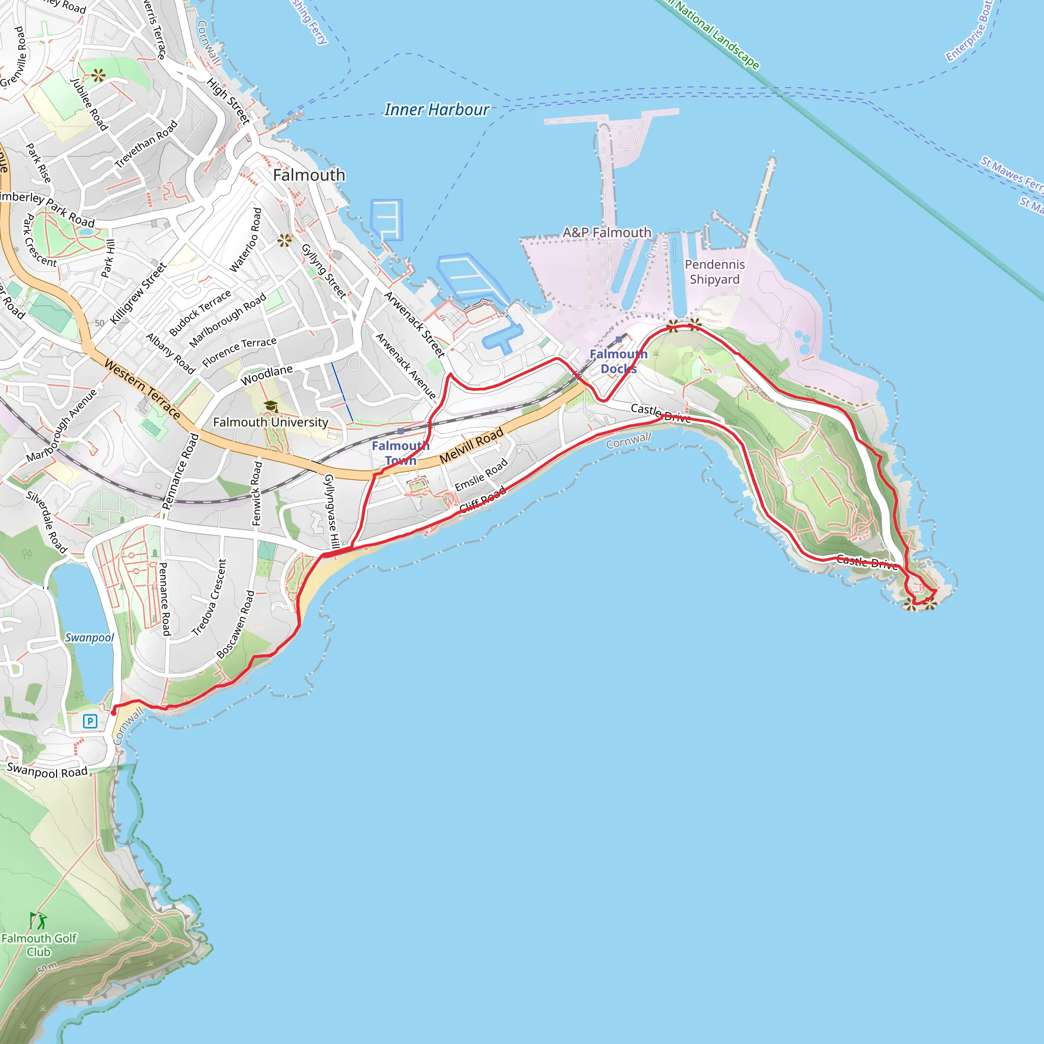 Swanpool to Pendennis Castle Walk mobile static map