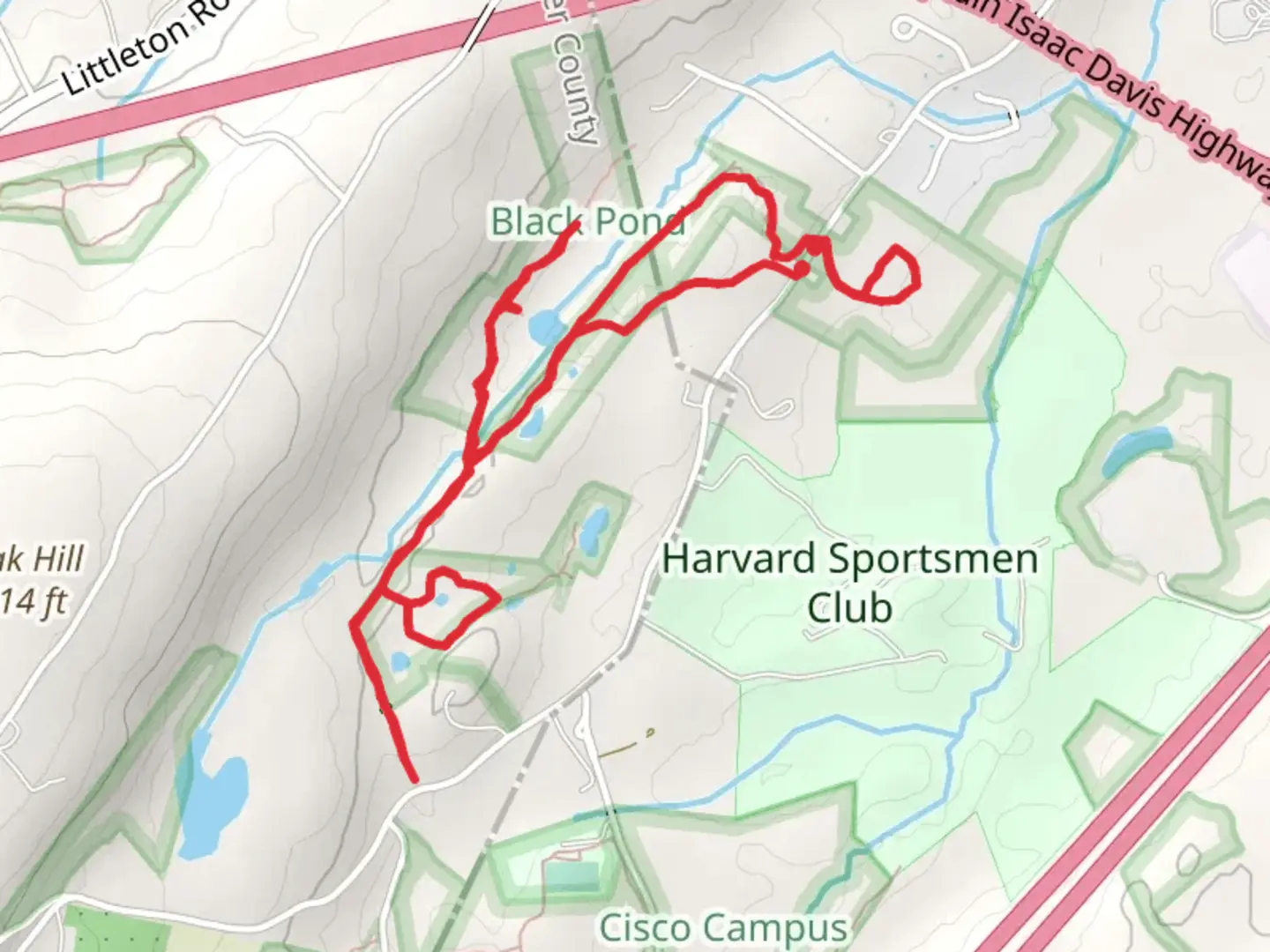 An image depicting the trail Black Pond Loop from Whitcomb Avenue and its surrounding area.