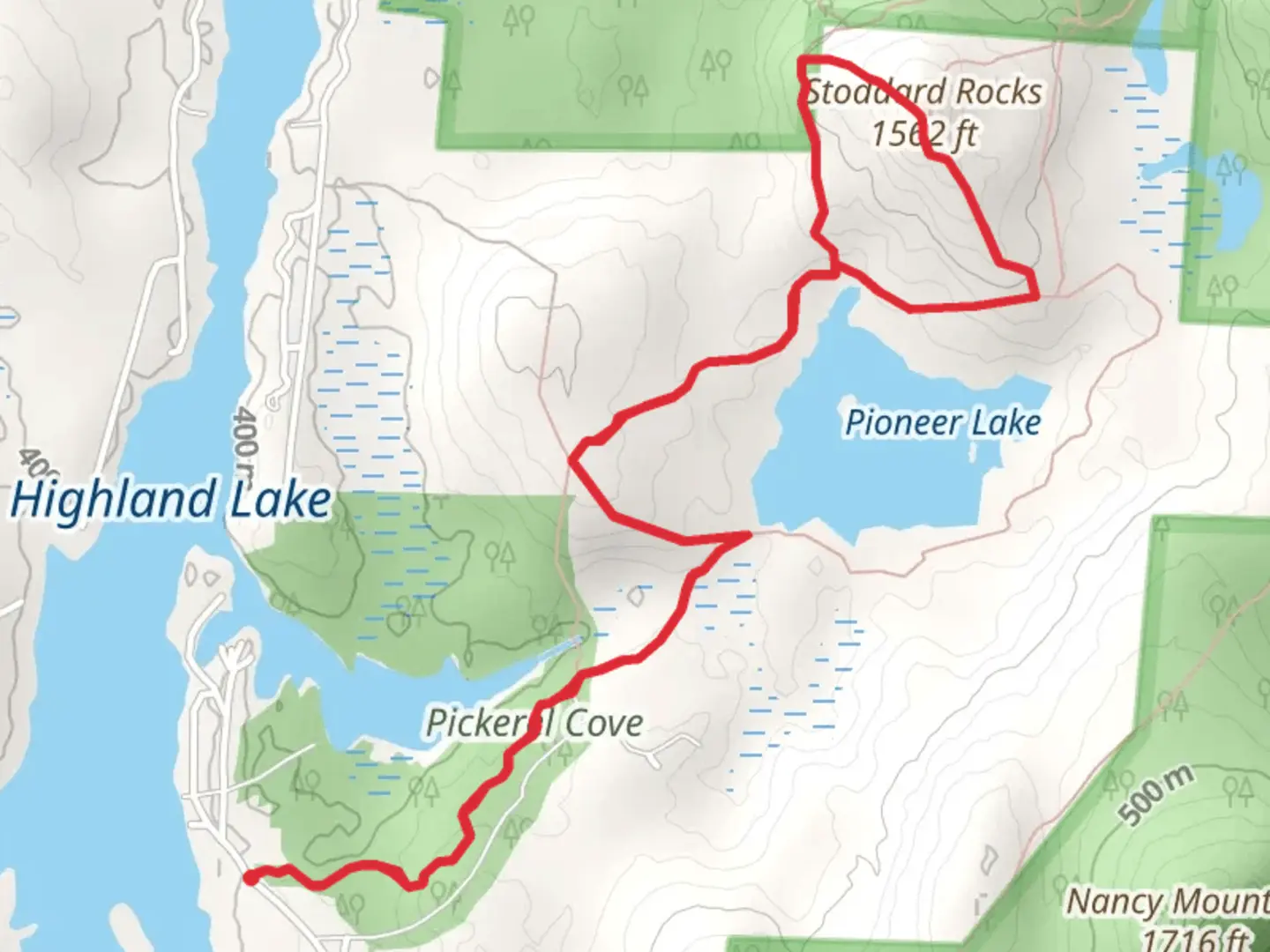 An image depicting the trail Stoddard Rocks and Pioneer Lake Loop and its surrounding area.