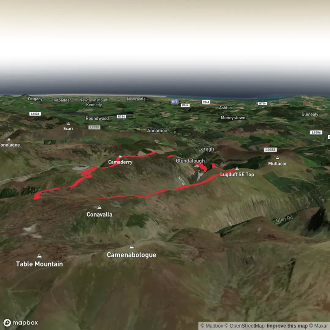 An image depicting the trail Glendalough Lugduff, Lough Firib, Turlough, Camaderry (long) and its surrounding area.