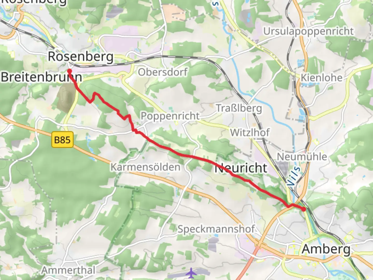 An image depicting the trail Breitenbrunn to Amberg and its surrounding area.