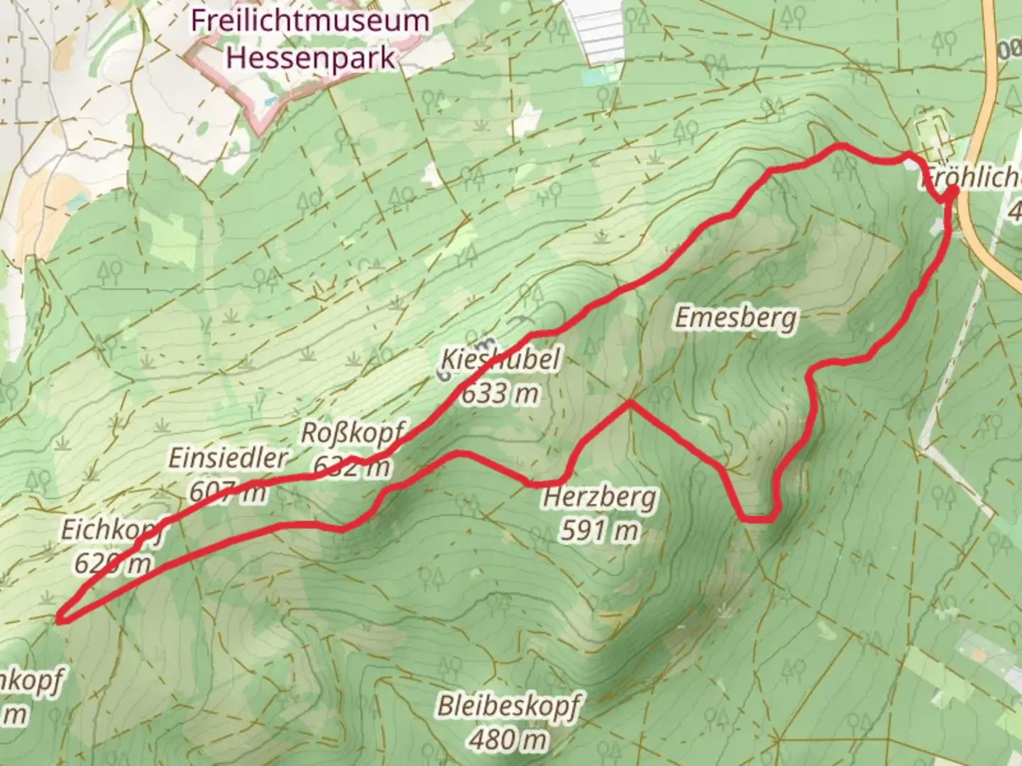 An image depicting the trail Marmostein and Eichkopf Loop via Hessenweg 4 and its surrounding area.
