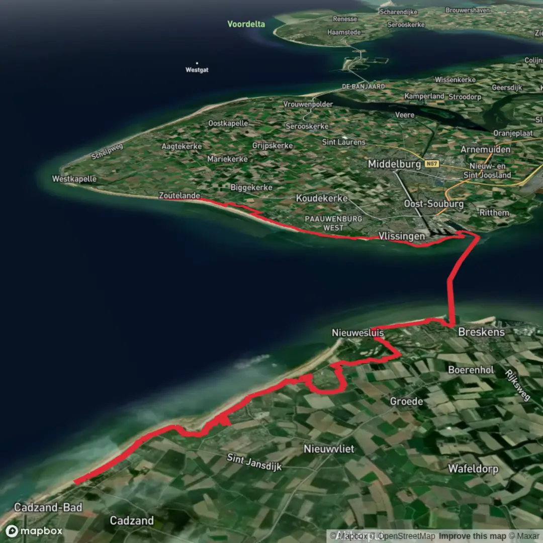 An image depicting the trail De Brabander to Hoge Hilt via Waterdunen and Westerschelde and its surrounding area.