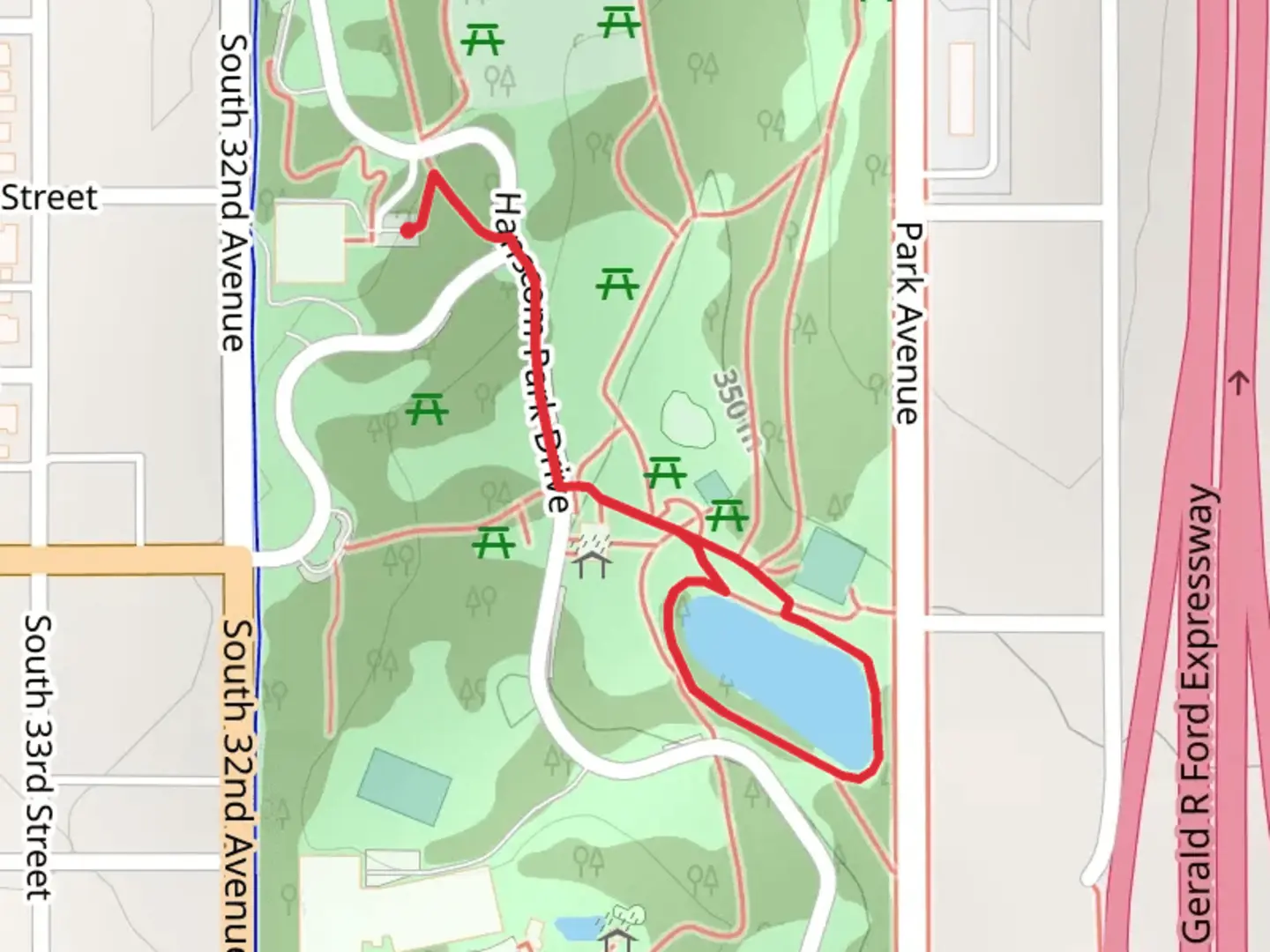 An image depicting the trail Hanscom Park Drive Loop and its surrounding area.