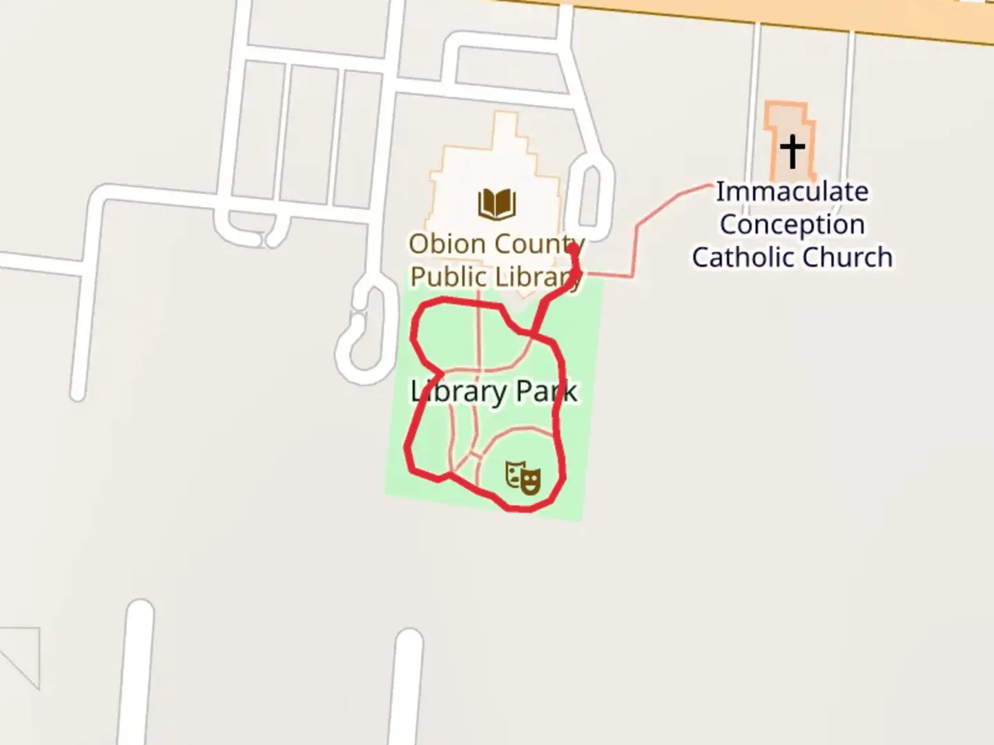 An image depicting the trail Library Park Loop and its surrounding area.