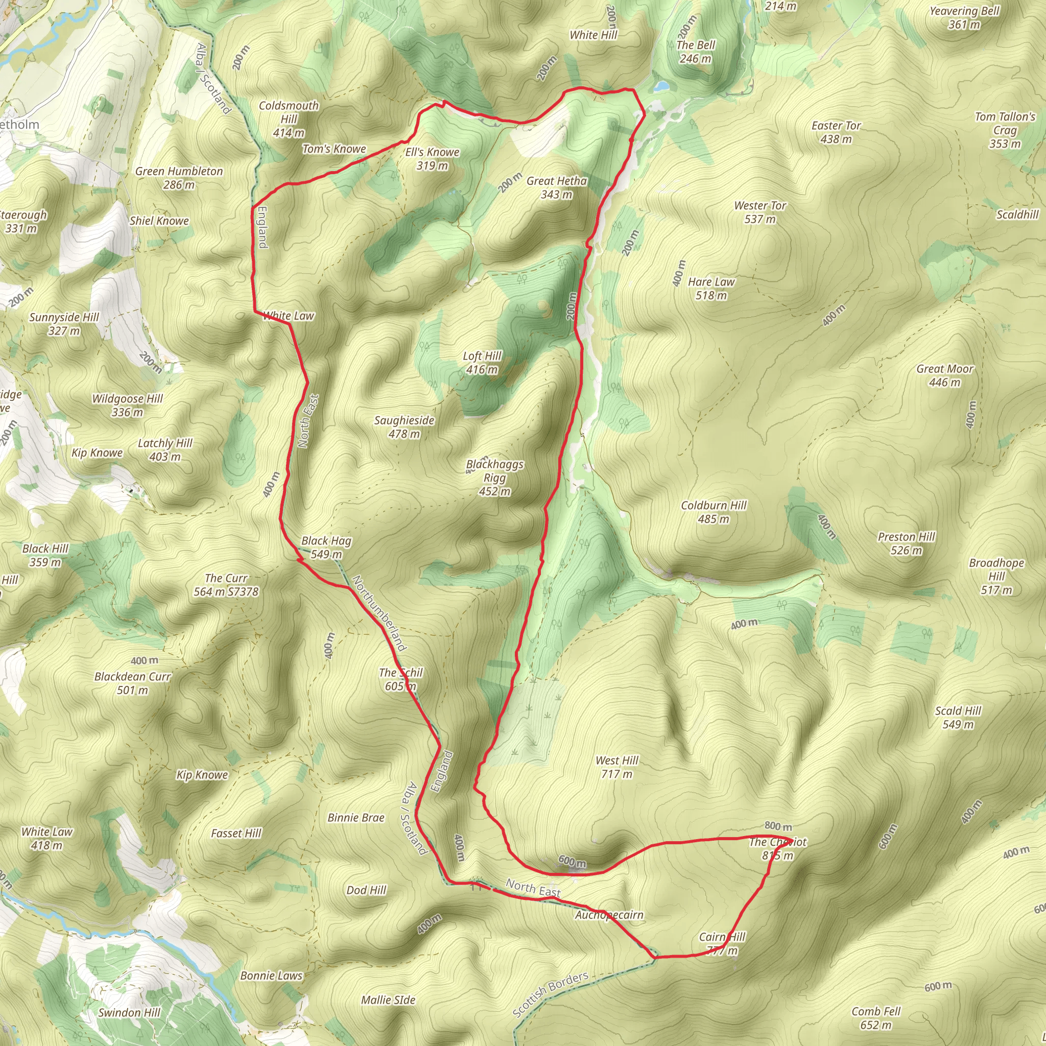 Cairn Hill and the Cheviot Loop from Hethpool mobile static map