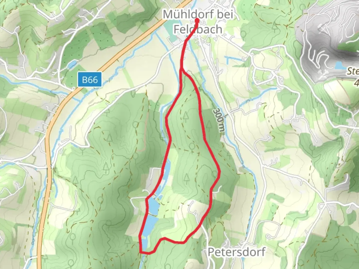 An image depicting the trail Feldbach - Mühldorf - Fischteichrunde and its surrounding area.