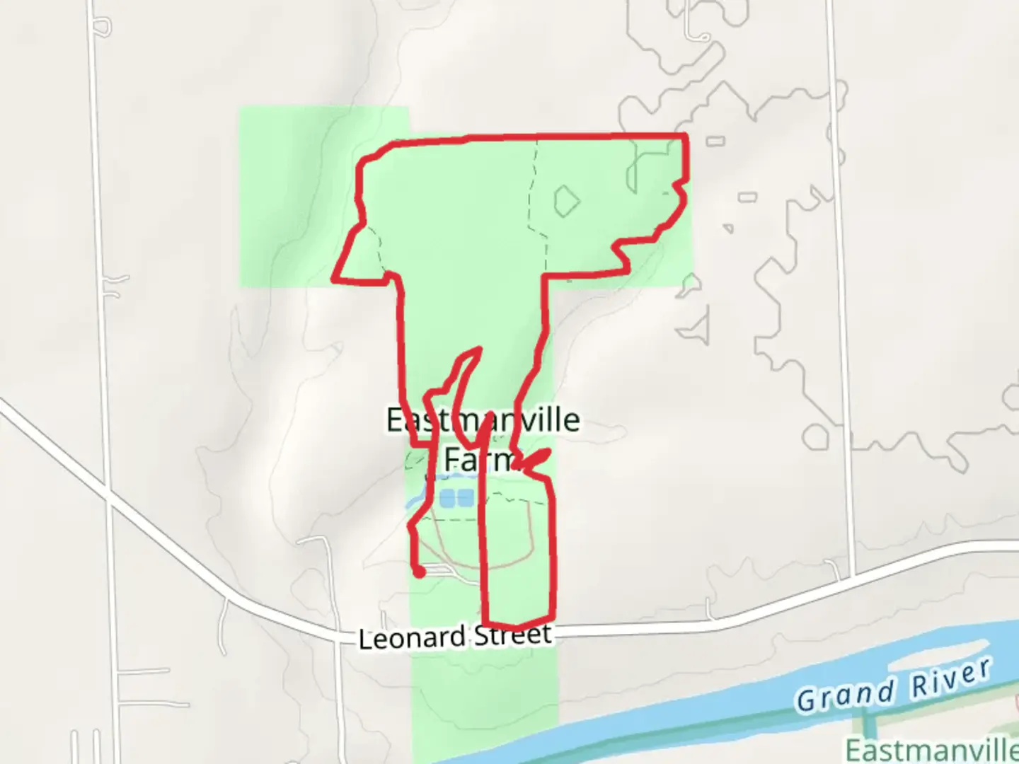 An image depicting the trail Eastmanville Farm Loop and its surrounding area.