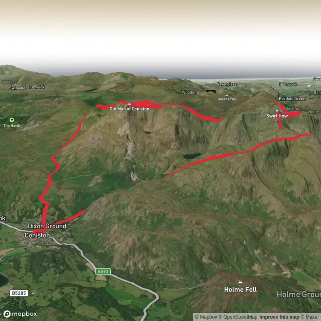 An image depicting the trail The Coniston Fells and its surrounding area.